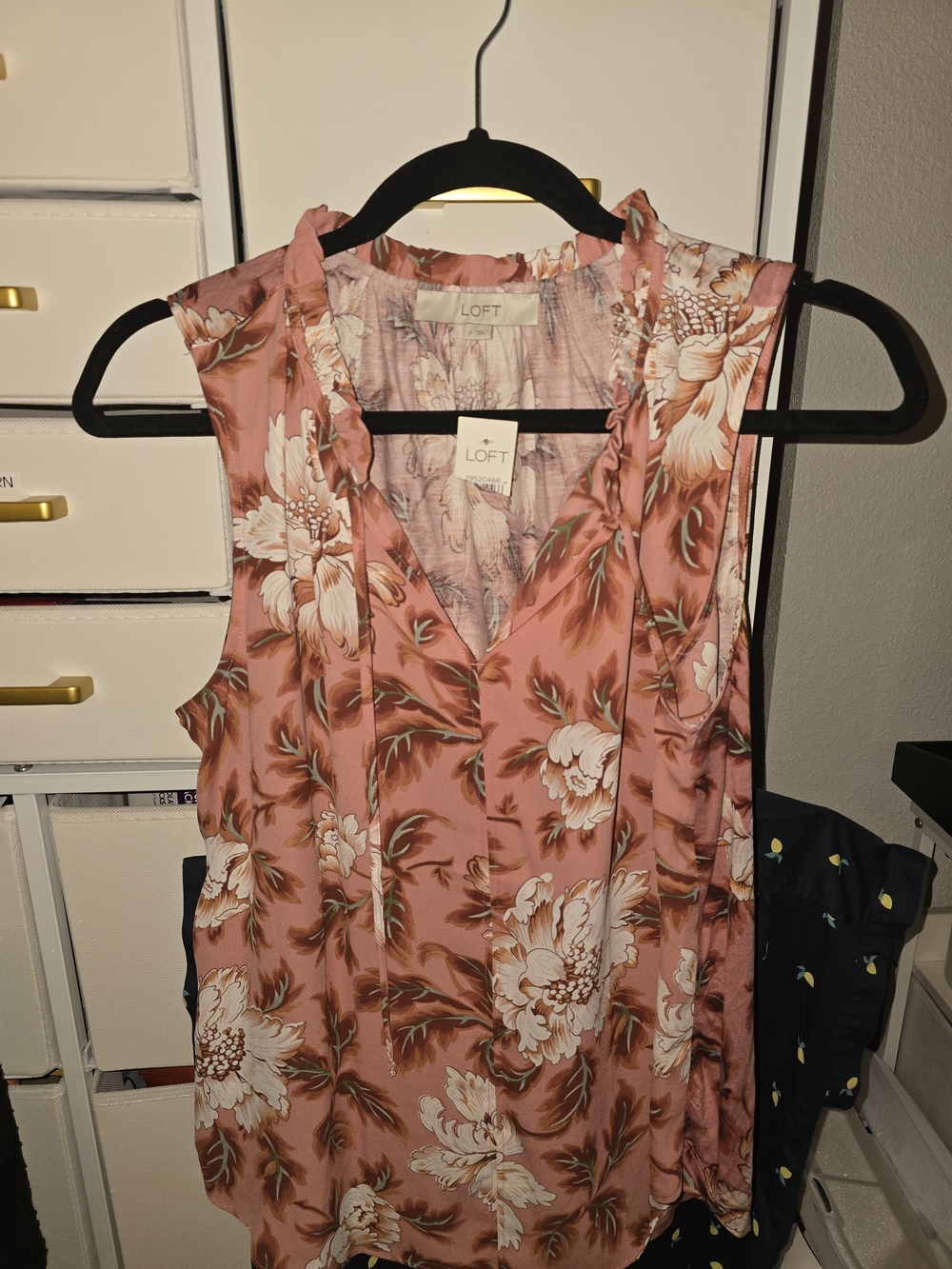 LOFT Coral Floral Ruffle Tie-Neck Blouse